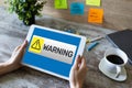 Warning message sign on screen. Virus detection security breathe hardware or software trouble. Internet concept. Royalty Free Stock Photo