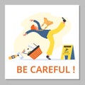 Warning poster about danger of slipping on wet floor flat vector illustration.