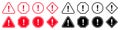 Warning, precaution, attention, alert icon, set red and black exclamation mark in different shape