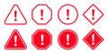 Warning, precaution, attention, alert icon, set red exclamation mark in different shape - vector