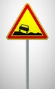 warning road sign dangerous roadside. triangular sign on a metal pole. traffic rules and safe driving. vector