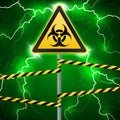 Warning sign. Biological hazard. Fenced danger zone. A pillar with a sign. Thunderbolts. Outbreak sparks. Fantastic background. Ve