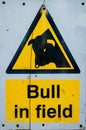 Warning sign of bull in the field Royalty Free Stock Photo