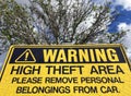 Warning sign in carpark - High Theft Area Royalty Free Stock Photo