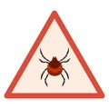 Warning sign `Caution tick`. The insect is a tick in the red triangle. Isolated on a white background. Royalty Free Stock Photo
