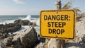 Warning sign Danger Steep Drop at cliffs edge by ocean rocks Royalty Free Stock Photo