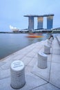 Warning sign of deep water by river at Marina Bay in Singapore