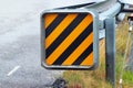 Warning sign at the end of a road guardrail