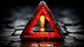 Warning sign with exclamation mark illuminated on dark textured surface Royalty Free Stock Photo