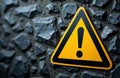 Warning sign with exclamation mark mounted on a rough stone wall surface Royalty Free Stock Photo