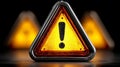 Warning sign with exclamation mark on a reflective surface, alerting to caution or hazard Royalty Free Stock Photo