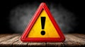 Warning sign with exclamation mark on a wooden surface against a dark background Royalty Free Stock Photo