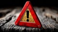 Warning sign with exclamation mark on a wooden surface, alerting to caution or danger Royalty Free Stock Photo