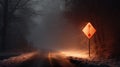 warning sign - first snow, road in the fog by car in the evening