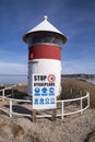 Warning sign and lighthouse