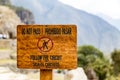 Warning sign at Machu Picchu, Cusco, Peru, South America. Royalty Free Stock Photo