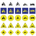 Warning sign of man riding various type of motorbikes