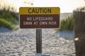 Warning sign poster on sea side beach saying that there is no lifeguard on duty