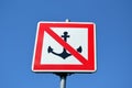 Warning sign prohibit ship moor riverside blue sky Royalty Free Stock Photo
