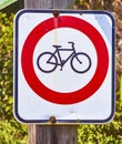 Warning sign prohibiting bicycles traffic on a post