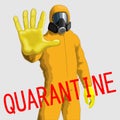 Warning sign of quarantine. Human in protective clothing with a hand up