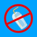 Warning sign stop plastic cup and straws waste isolated blue background, ban plastic waste in forbidden red logo sign, symbol Royalty Free Stock Photo