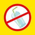 Warning sign stop plastic cup and straws waste isolated yellow background, ban plastic waste in forbidden red logo sign, symbol Royalty Free Stock Photo