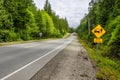 Warning Sign on a Straight Forest Road