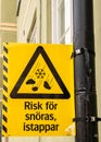 Warning sign by streets in Stockholm which in translation means Risk for falling snow or ice Royalty Free Stock Photo