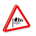 Warning Sign for Strong Winds and Crosswinds with a Windsock Symbol on a Red Triangle traffic sign Royalty Free Stock Photo