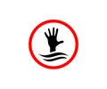 Warning sign swimming is prohibited, you can drown, logo design. Beach, water recreation, hand and waves, vector design