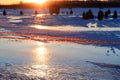 Warning sign of thin ice in the fishing village installed on lake Royalty Free Stock Photo