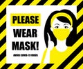 Warning sign. Wear face mask poster. Virus safety. Please caution. Stop banner. Avoid Covid-19. Striped tape. Silhouette