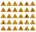 Warning signs. Caution attention warning yellow sign, danger high voltage and biohazard signs triangular vector Royalty Free Stock Photo
