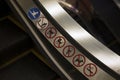 Warning signs on escalator , close up