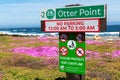 Warning signs at Otter Point. Blurred spectacular purple pink ice plant flowers in the background - Pacific Grove, California, USA