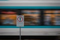 Warning signs for prohibited passage over railway tracks. Metal board for train crossing safety while the train is passing by