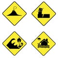 Warning Signs set. Natural Disaster Warning Signs set earthquake tsunami volcanic eruptions and flood. traffic sign