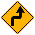 Warning signs Sharp double curve, first to right on white background Royalty Free Stock Photo