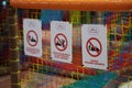 Warning signs with symbol with Polish text inside the Lider indoor playground.