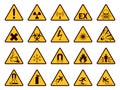 Warning signs. Yellow triangle alerts symbols, attention chemical, flammable and radiation danger, accident exclamation