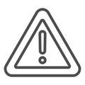 Warning sticker line icon, emergency service concept. Vector graphics. Stop danger triangle seal sign on white