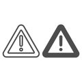 Warning sticker line and solid icon, emergency service concept. Vector graphics. Stop danger triangle seal sign on white