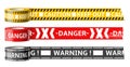 Warning sticky tapes. Realistic mounting film with danger labels, accident place, enclosing menace notification strips Royalty Free Stock Photo