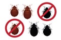 Warning stop signs with colored detailed image of an bedbug and its black silhouette.