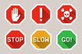Warning, stop signs icons in flat style
