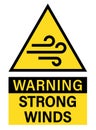 Warning, strong winds. Yellow triangle warning sign with wind pictogram and text