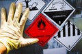 Warning symbol for chemical hazard on chemical container Royalty Free Stock Photo