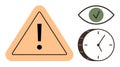 Warning symbol with exclamation mark, clock, and an eye with a checkmark for caution and observation Royalty Free Stock Photo