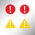 Warning symbol set. Exclamation mark in red circle. Attention button in yellow triangle isolated on transparent Royalty Free Stock Photo